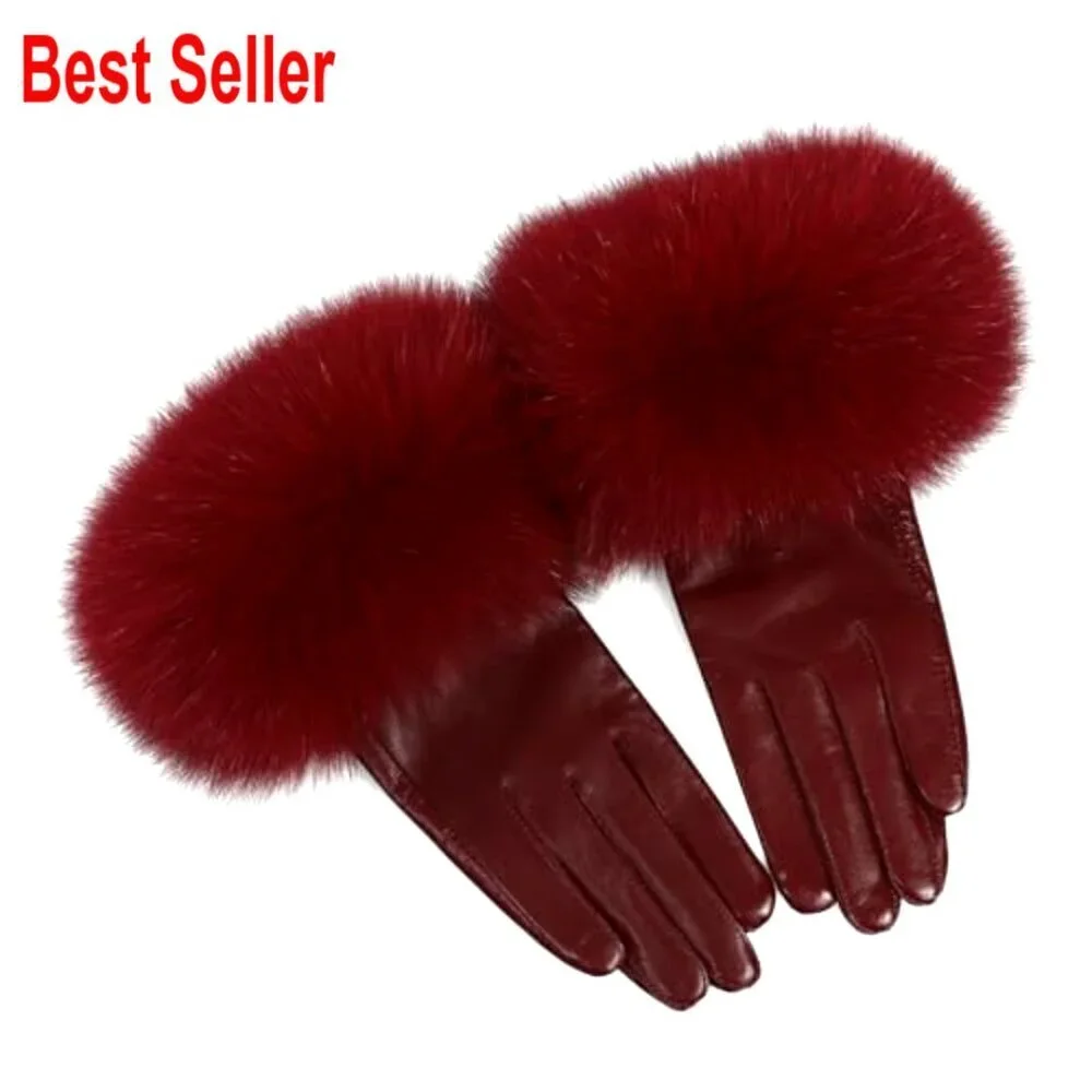 Genuine Lambskin Leather Gloves with Real Fox Fur Trim Cuff Winter Warm